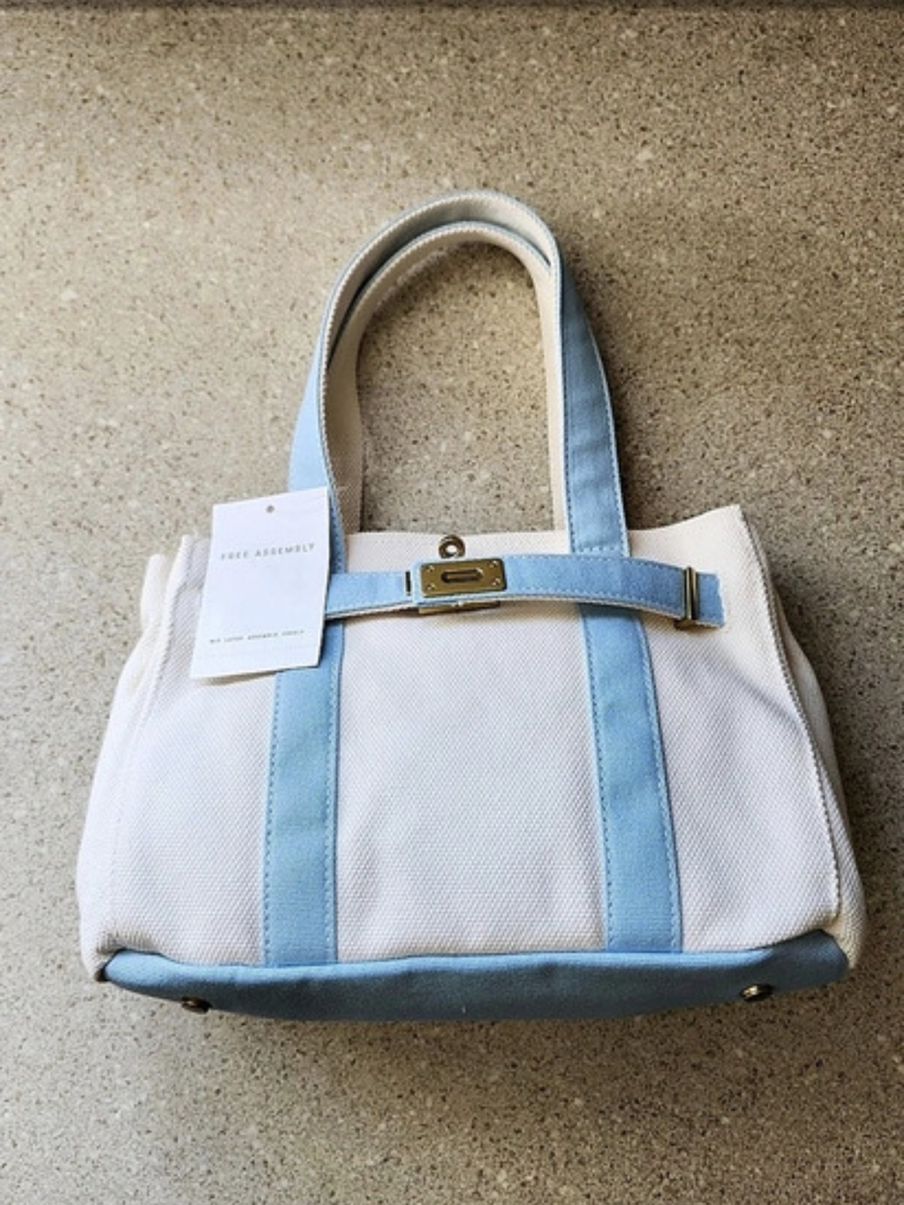 Free Assembly Canvas Tote Handbag with Tote Charm White & Blue